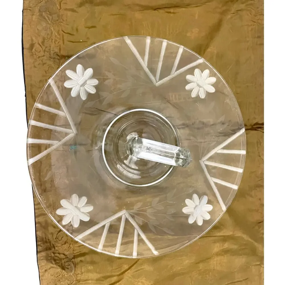 VTG Etched Clear Crystal‎ Center Handle Tray Plate with Etched Flowers 10.5
